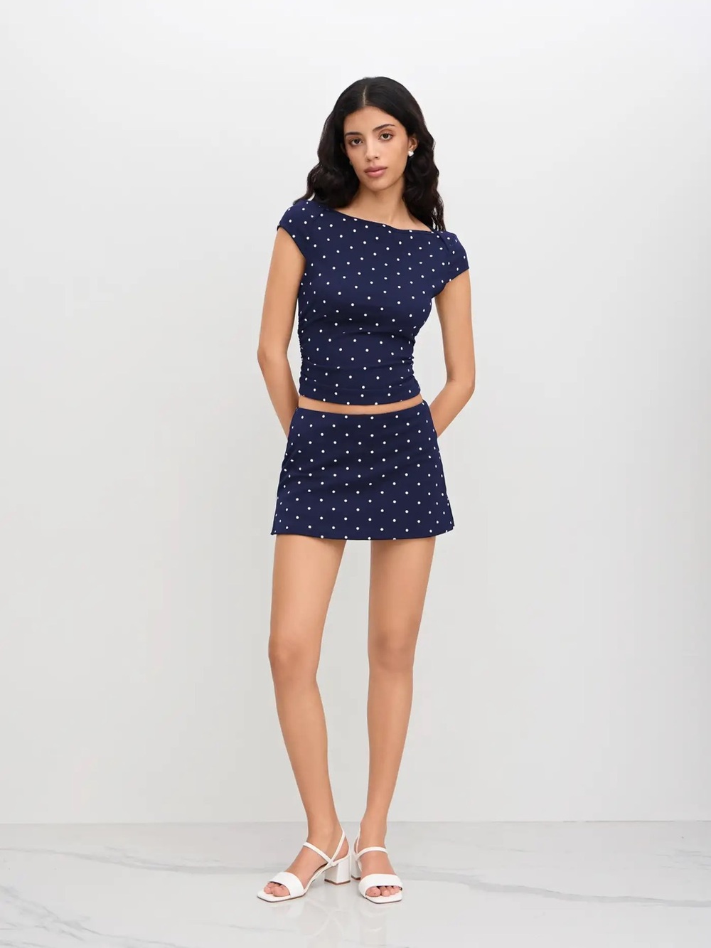 Cider Navy Polka Dot Mini Skirt & Boatneck Top Set (S)